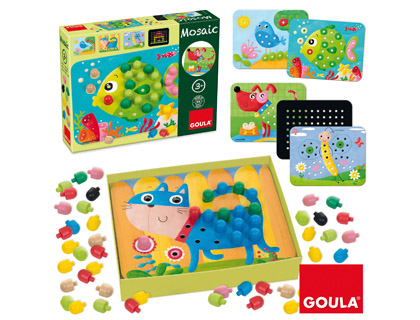 JUEGO GOULA DIDACTICO MOSAICO CON PIVOTES DE COLORES Y LAMINAS DE ANIMALES +3 AOS