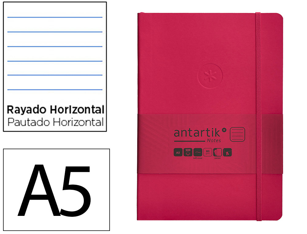 CUADERNO CON GOMILLA ANTARTIK NOTES TAPA BLANDA A5 HOJAS RAYAS BURDEOS 80 HOJAS 80 GR FSC